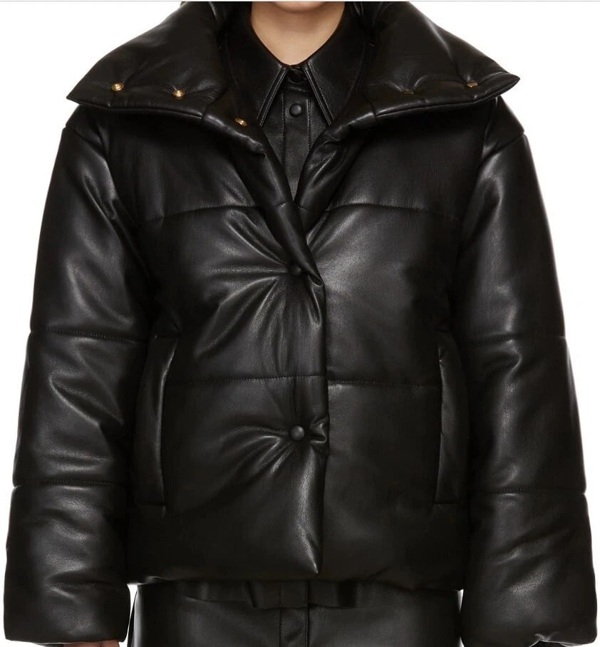 Nanushka Hide vegan quilted leather black puffer jacket high standing collar M - 2