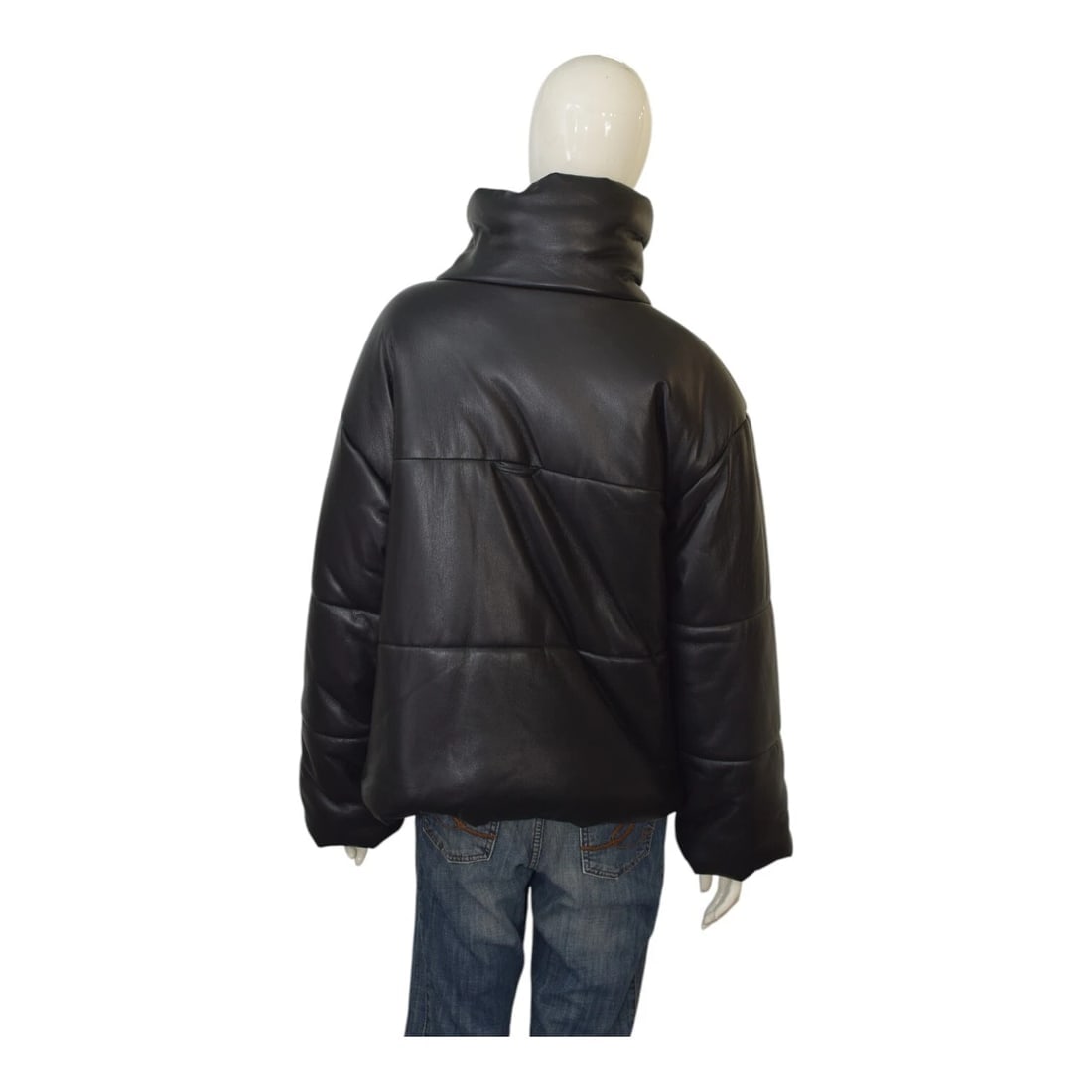 Nanushka Hide vegan quilted leather black puffer jacket high standing collar M - 3