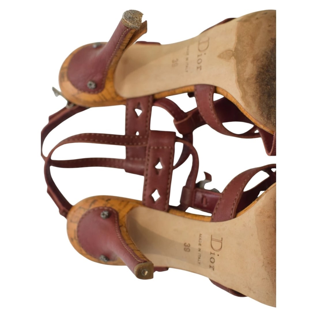 Christian Dior Brown Leather Strappy Sandals Lasercut Embellishments Coin 39 - 10