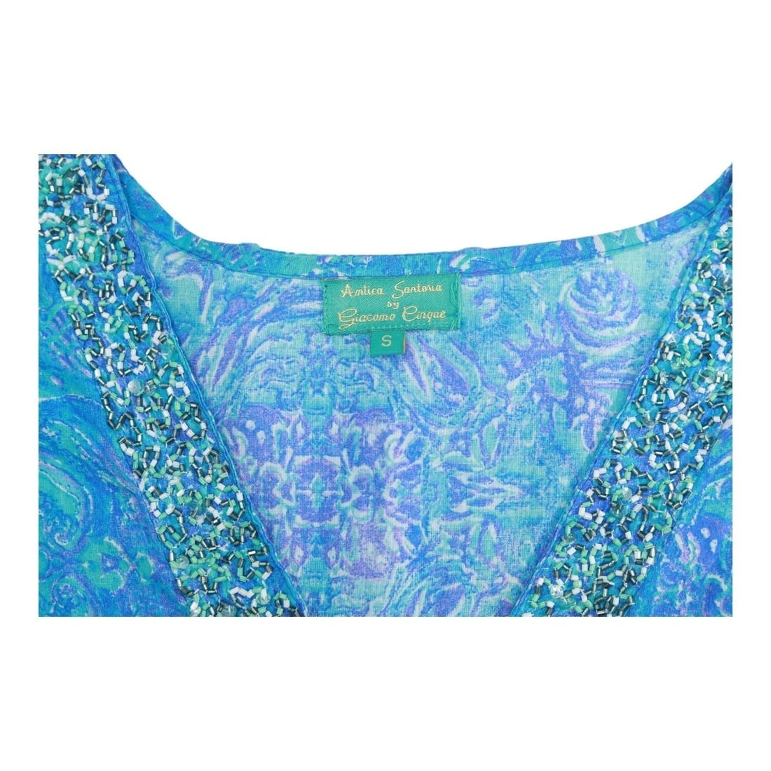 Antica Sartoria Blue Beaded Ethnic Print Cotton Summer Tunic Caftan dress size S - 3