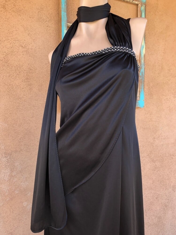 Vintage 1970s Black Maxi Dress Disco Goddess Gown Sz M - 5