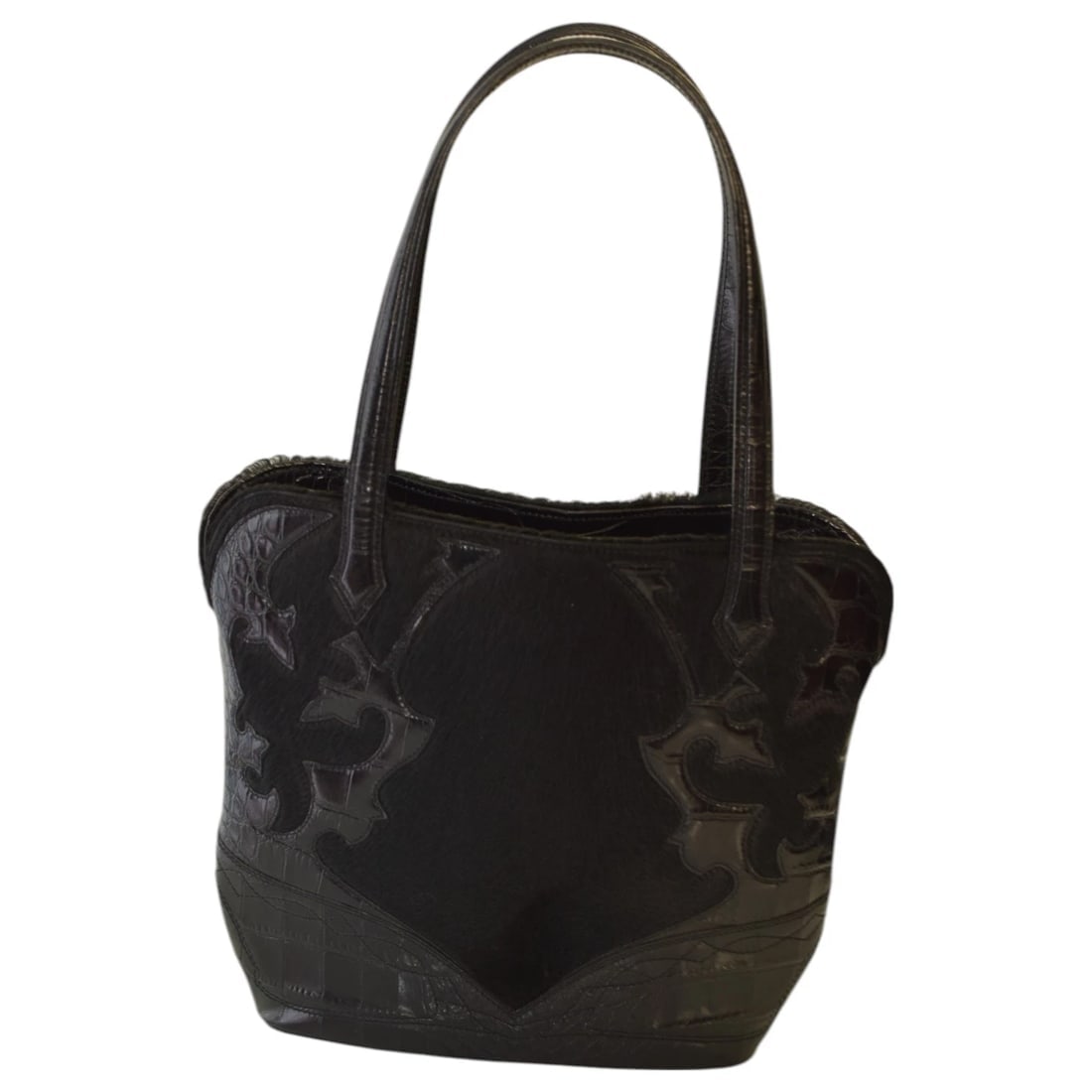 ETRO Black Fur & Crocodile Embossed Leather Tote Shoulder Bag Handbag - 2