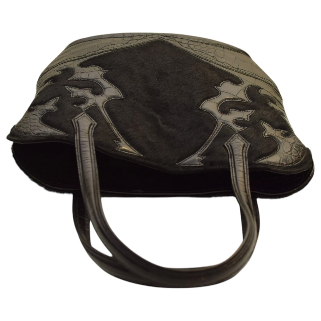 ETRO Black Fur & Crocodile Embossed Leather Tote Shoulder Bag Handbag - 5