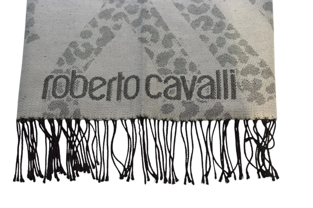 Roberto Cavalli Gray Hues Logo Acrylic Long Rectangle Scarf Foulard Wrap - 2