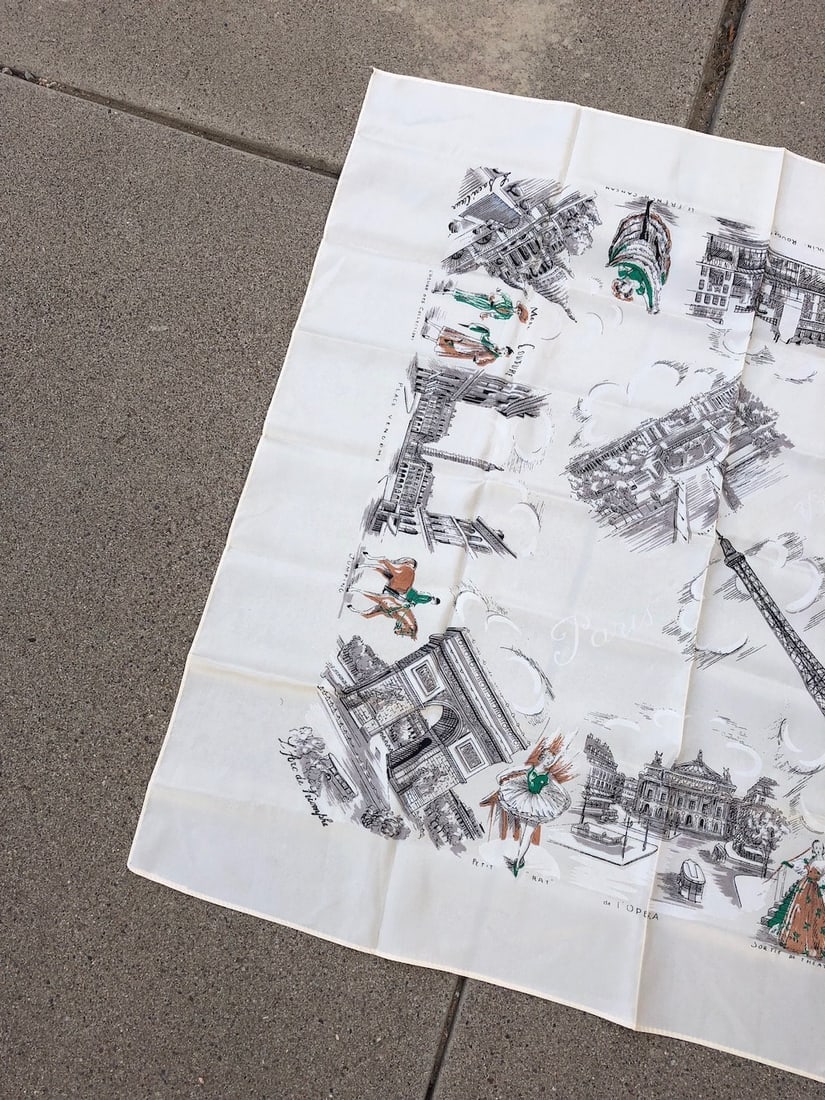 Vintage 1940s Paris Souvenir Scarf Silk Rayon: Vintage from the 1940s Materials: silk rayon Width: 30 inches Length: 31.5 inches Silk rayon Edges not rolled Green, brown, black, orange Pretty yellow background (approx. Pantone 155) Great illustrat