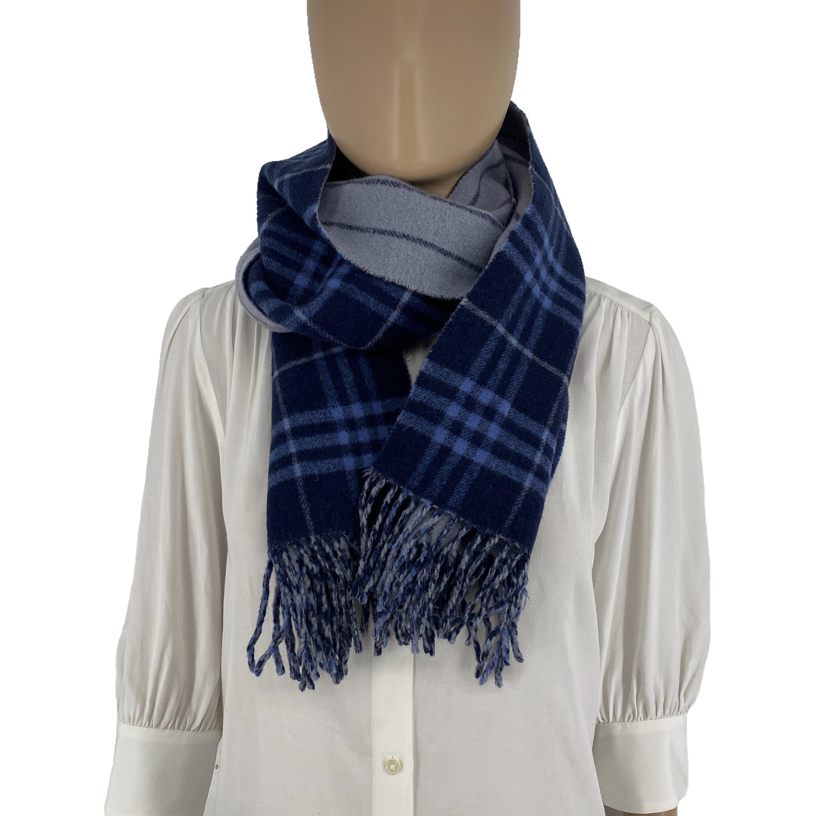 Burberry Navy Blue Plaid 100% Lambswool Scarf - 4