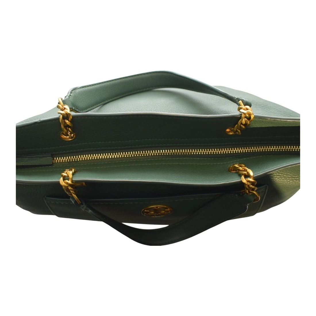 Tory Burch green leather Chelsea tote with gold harware shoulder bag & strap - 15