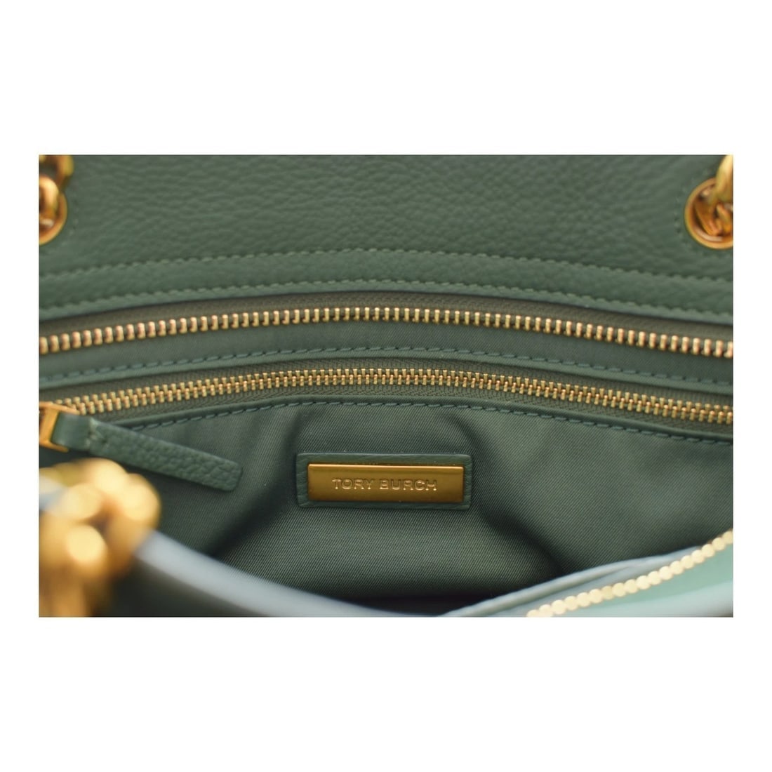 Tory Burch green leather Chelsea tote with gold harware shoulder bag & strap - 16