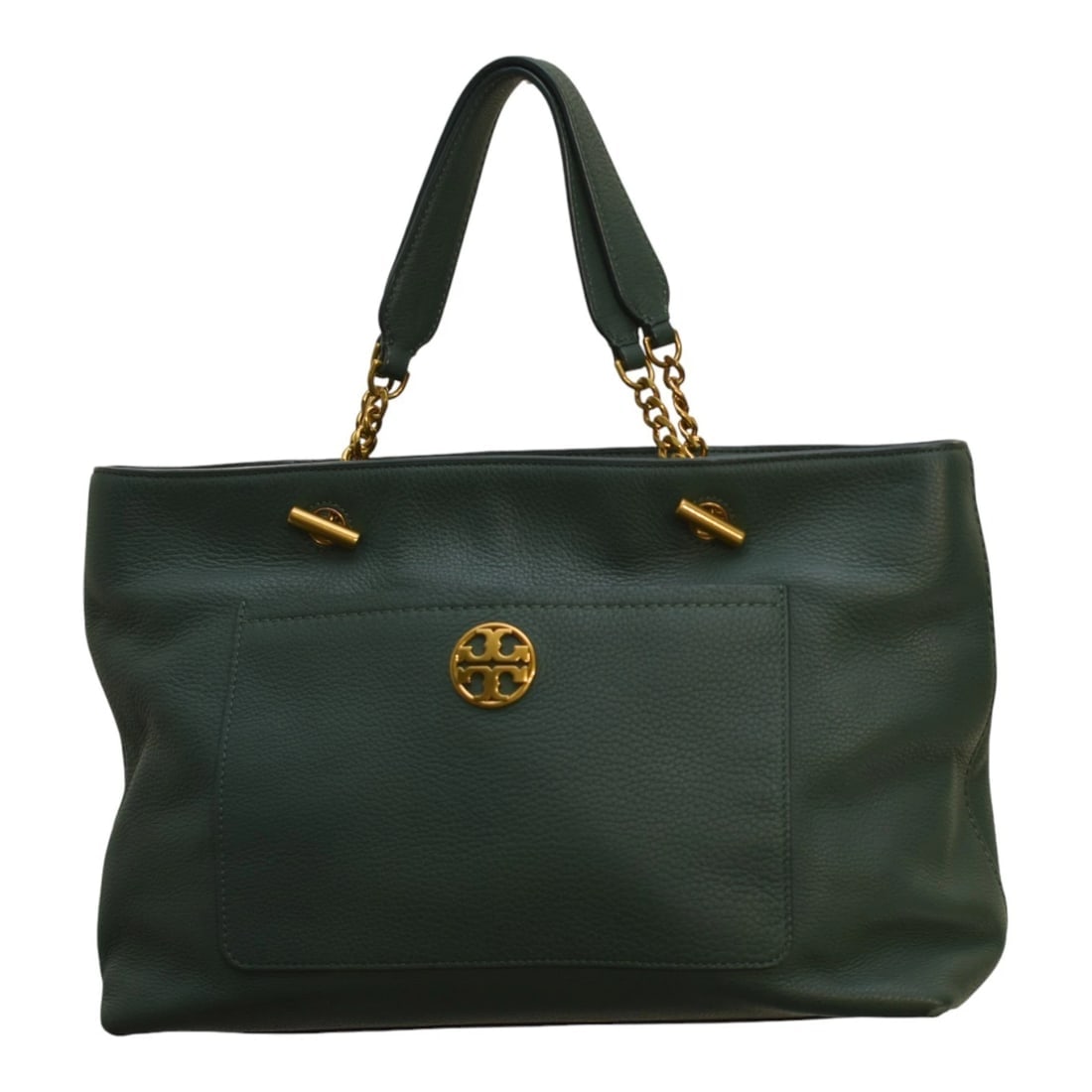 Tory Burch green leather Chelsea tote with gold harware shoulder bag & strap (1 of 20)