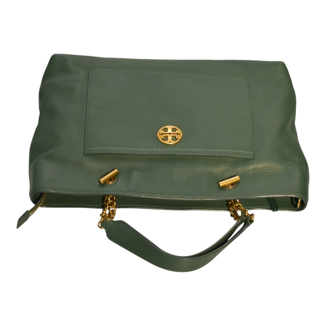 Tory Burch green leather Chelsea tote with gold harware shoulder bag & strap - 5