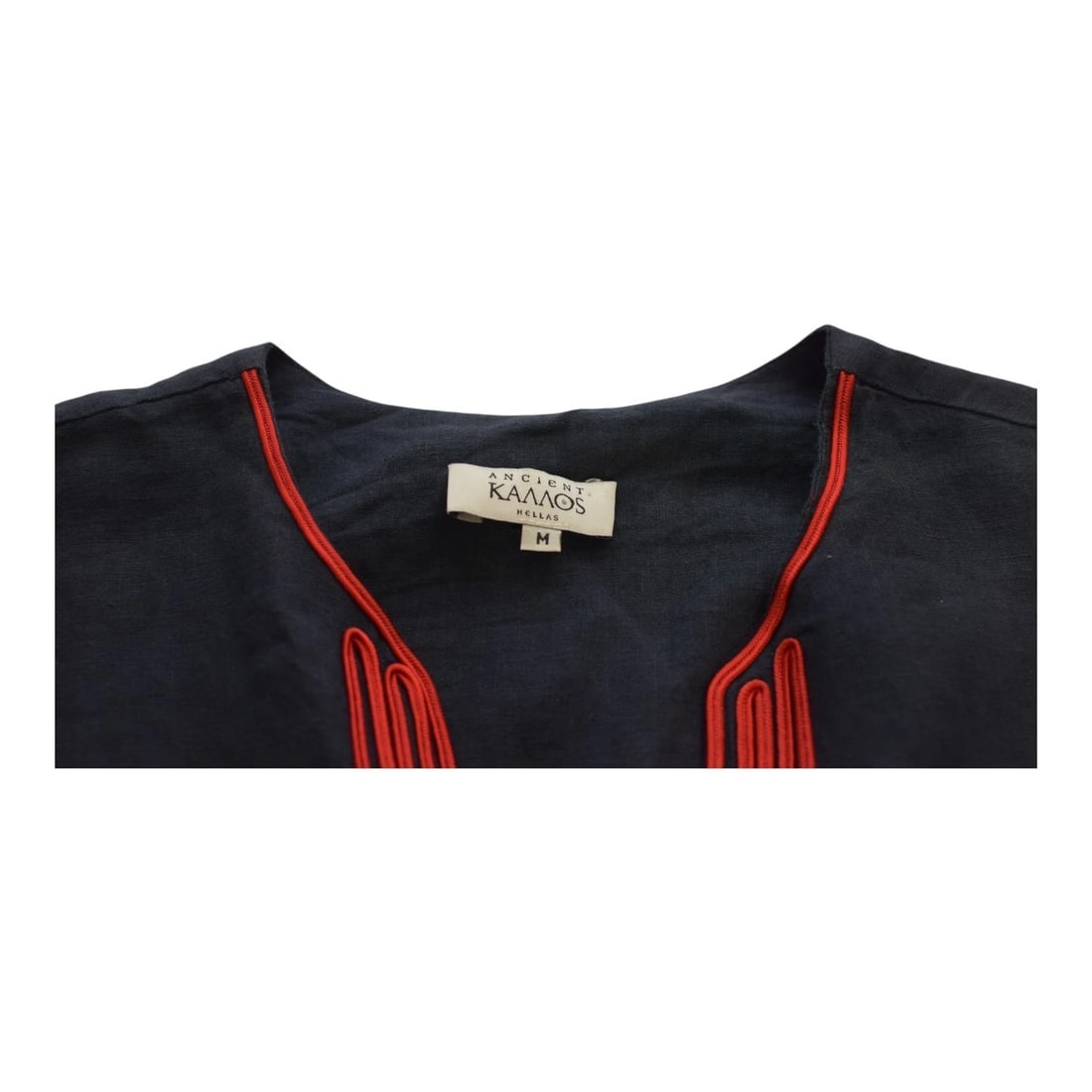 Ancient Kallos Athena Cord Navy Blue Linen Maxi Dress Red Embroidered Trim – M - 3