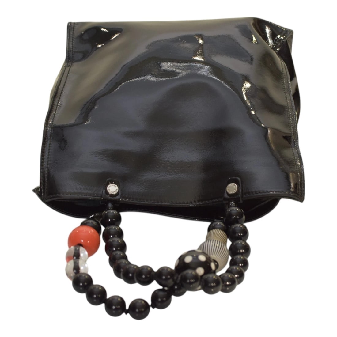 Roberta Gandolfi Black Patent Leather Beaded Top Handles Handbag Zipper Bag - 5
