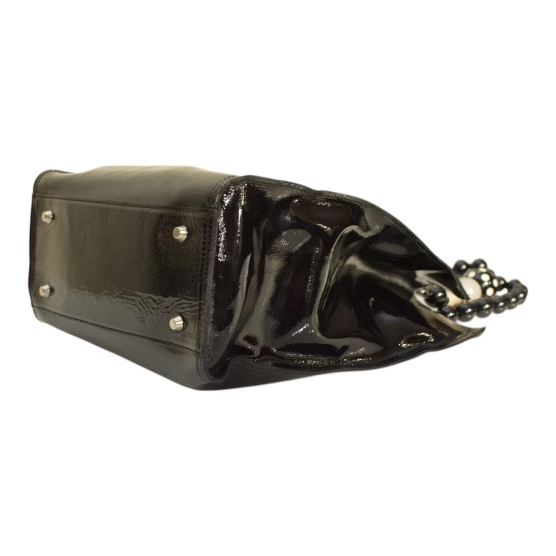 Roberta Gandolfi Black Patent Leather Beaded Top Handles Handbag Zipper Bag - 8