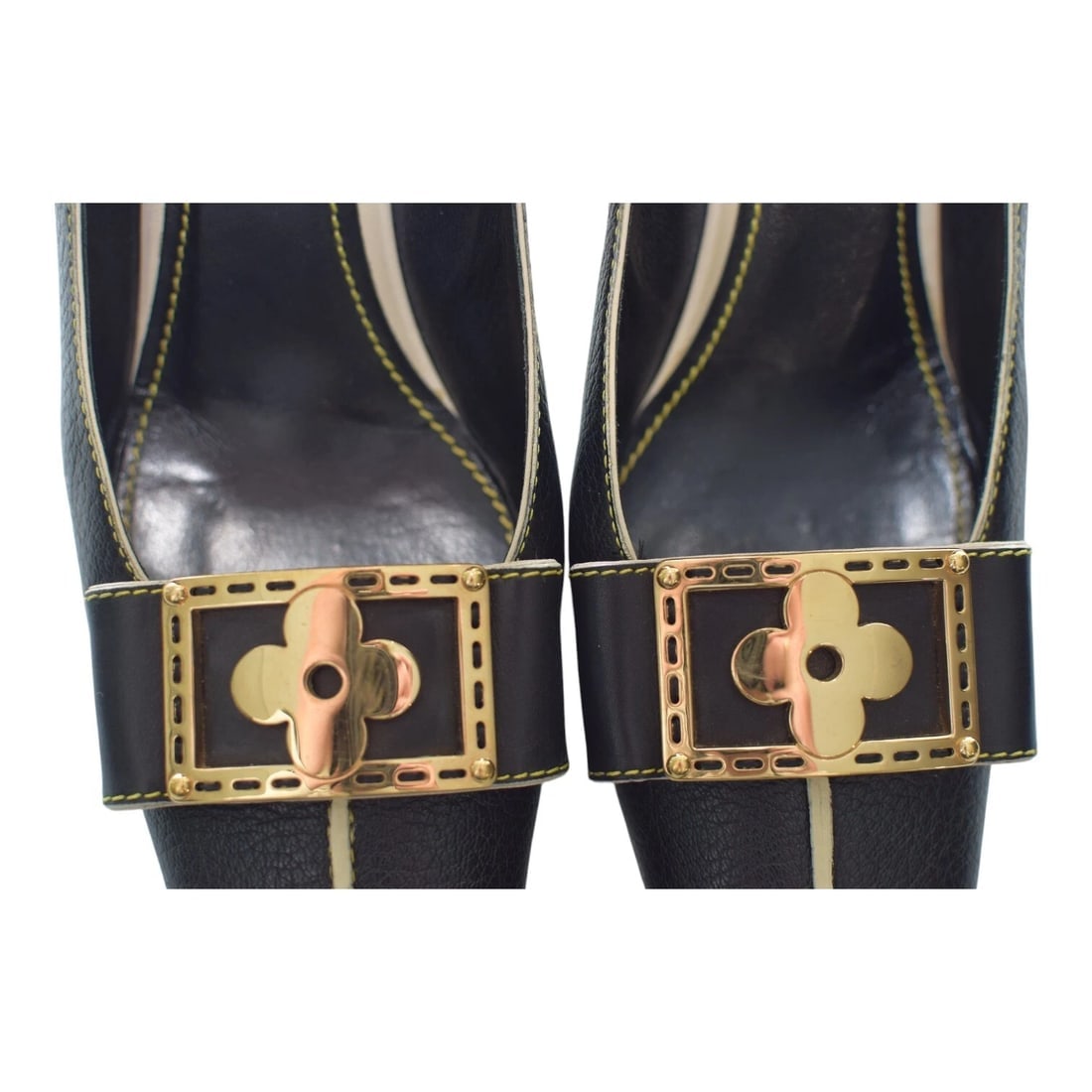 Louis Vuitton Black Leather Gold Flower Buckled Square Toe Pumps size 39,5 - 11