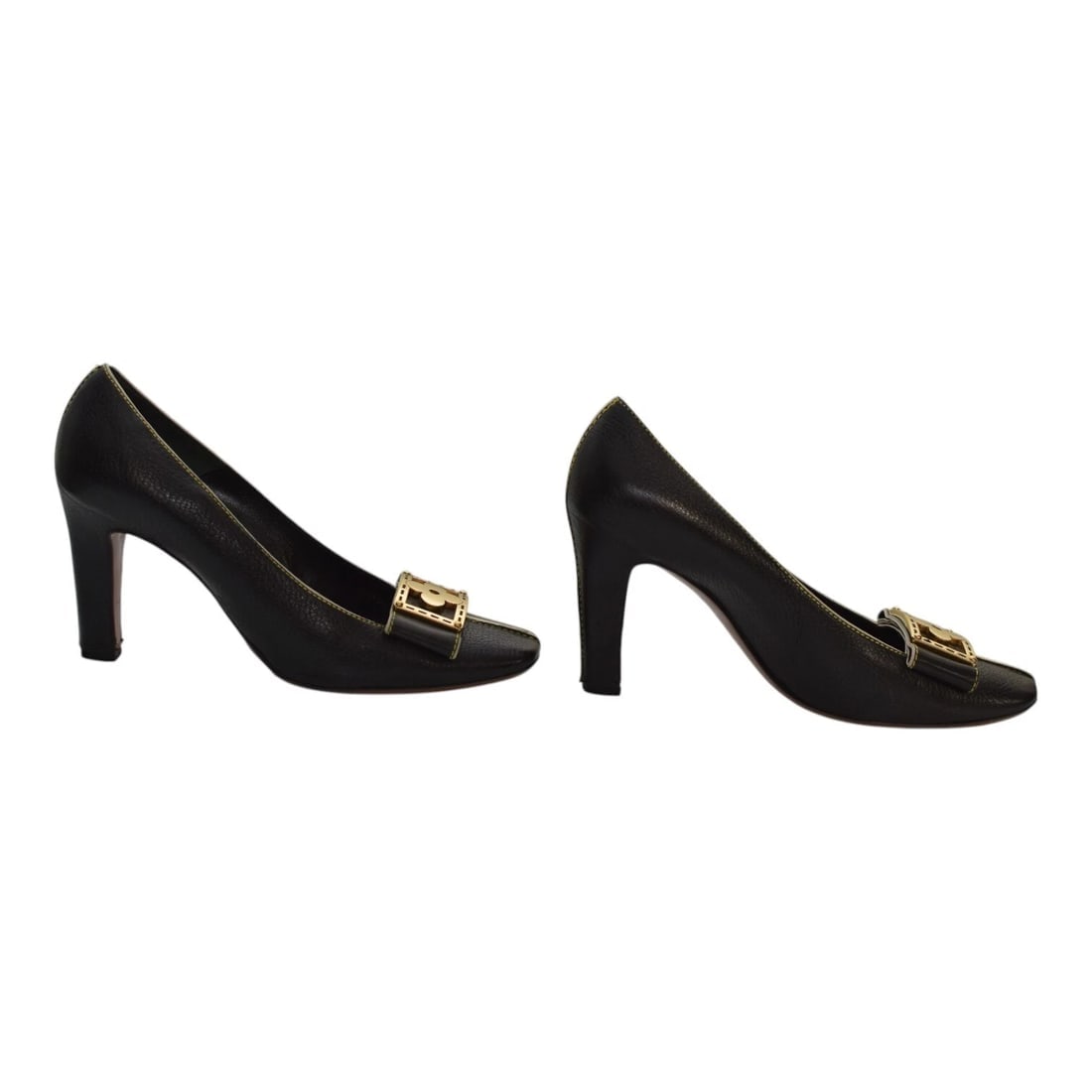 Louis Vuitton Black Leather Gold Flower Buckled Square Toe Pumps size 39,5 - 2
