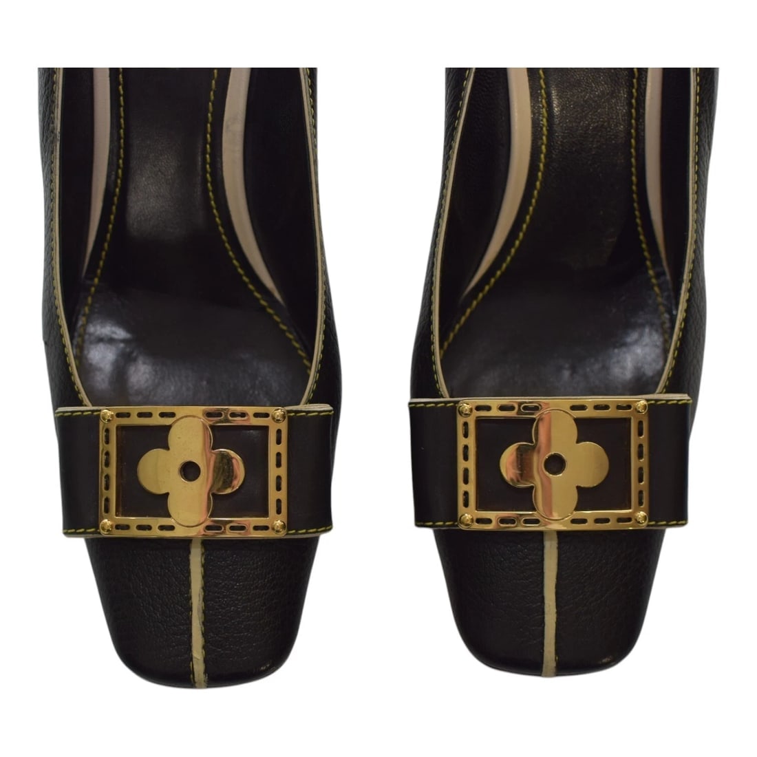 Louis Vuitton Black Leather Gold Flower Buckled Square Toe Pumps size 39,5 - 6