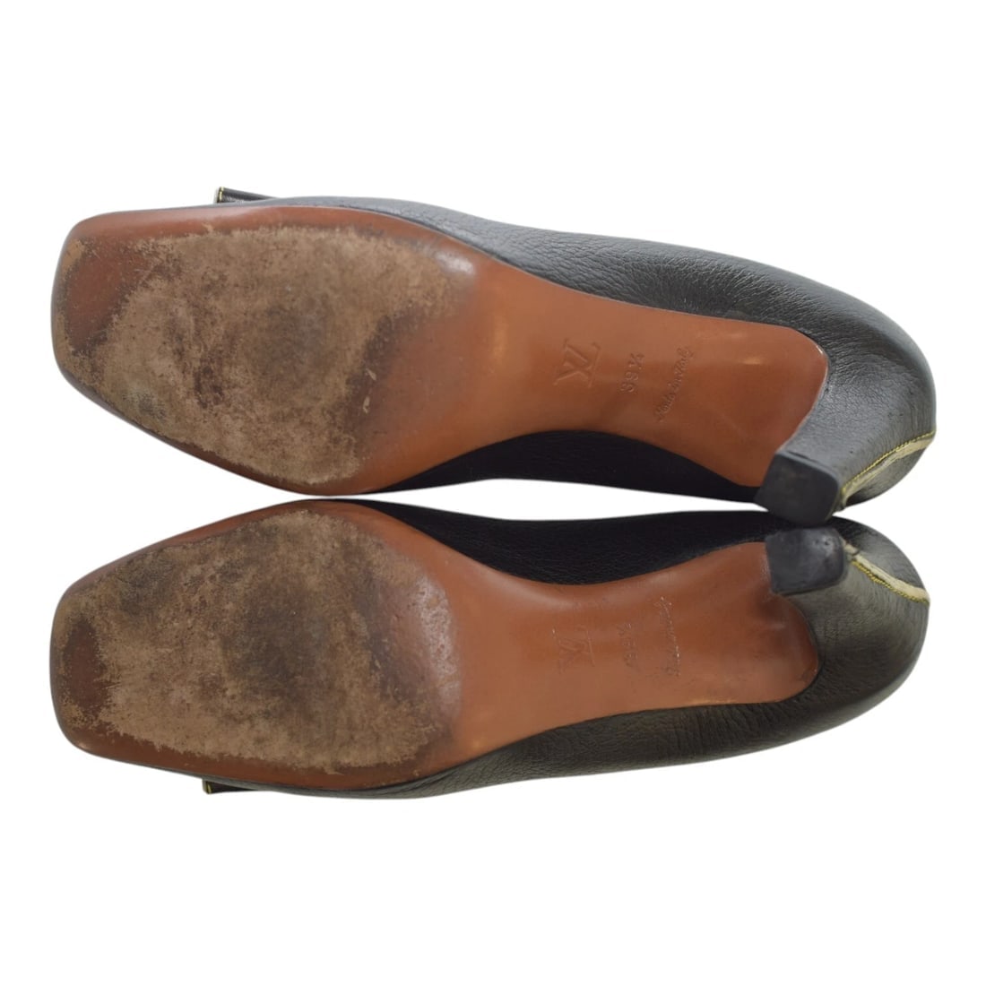 Louis Vuitton Black Leather Gold Flower Buckled Square Toe Pumps size 39,5 - 7