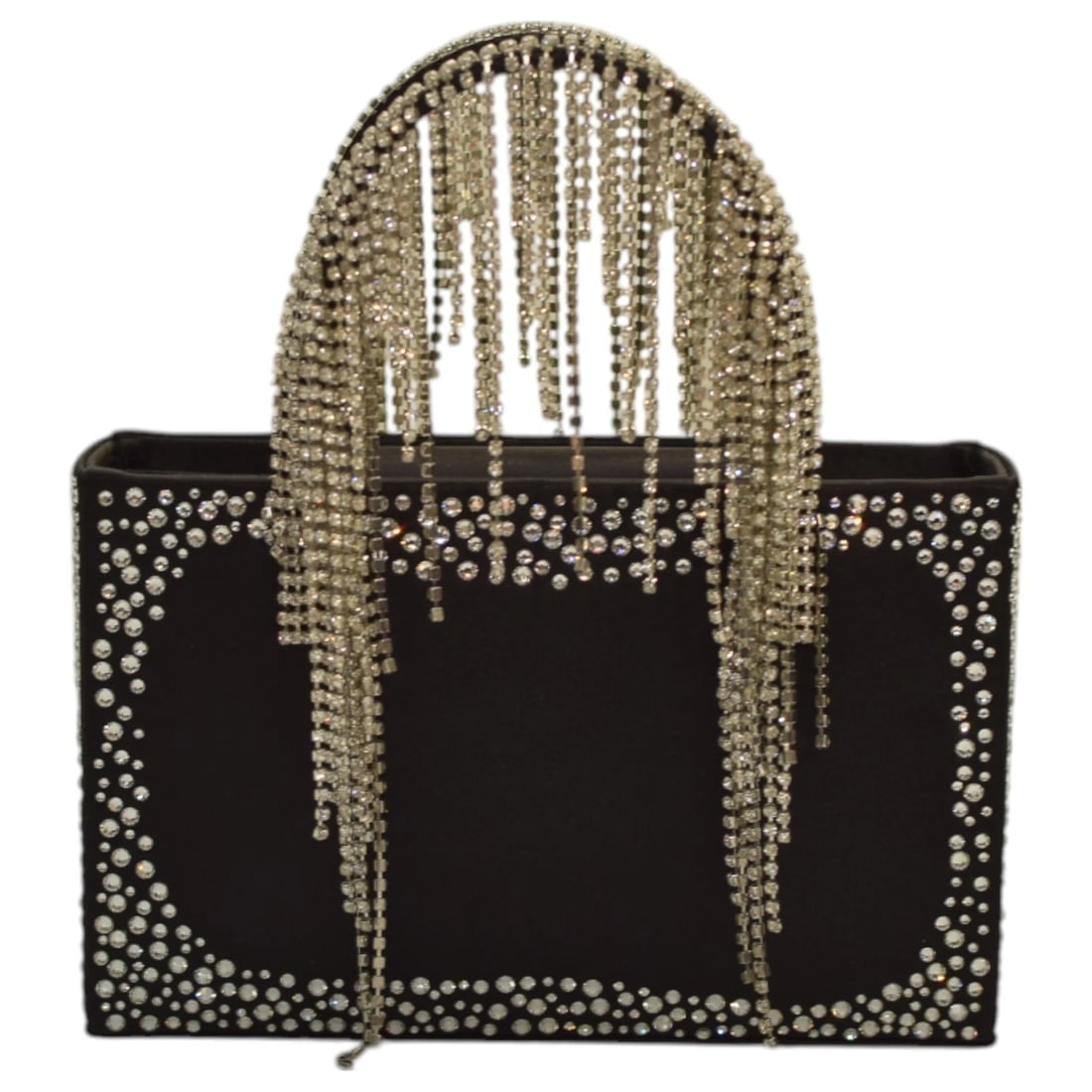 Kara Constellation Fringe Black Satin w. Crystals Small Tote Chain Bag Handbag - 2
