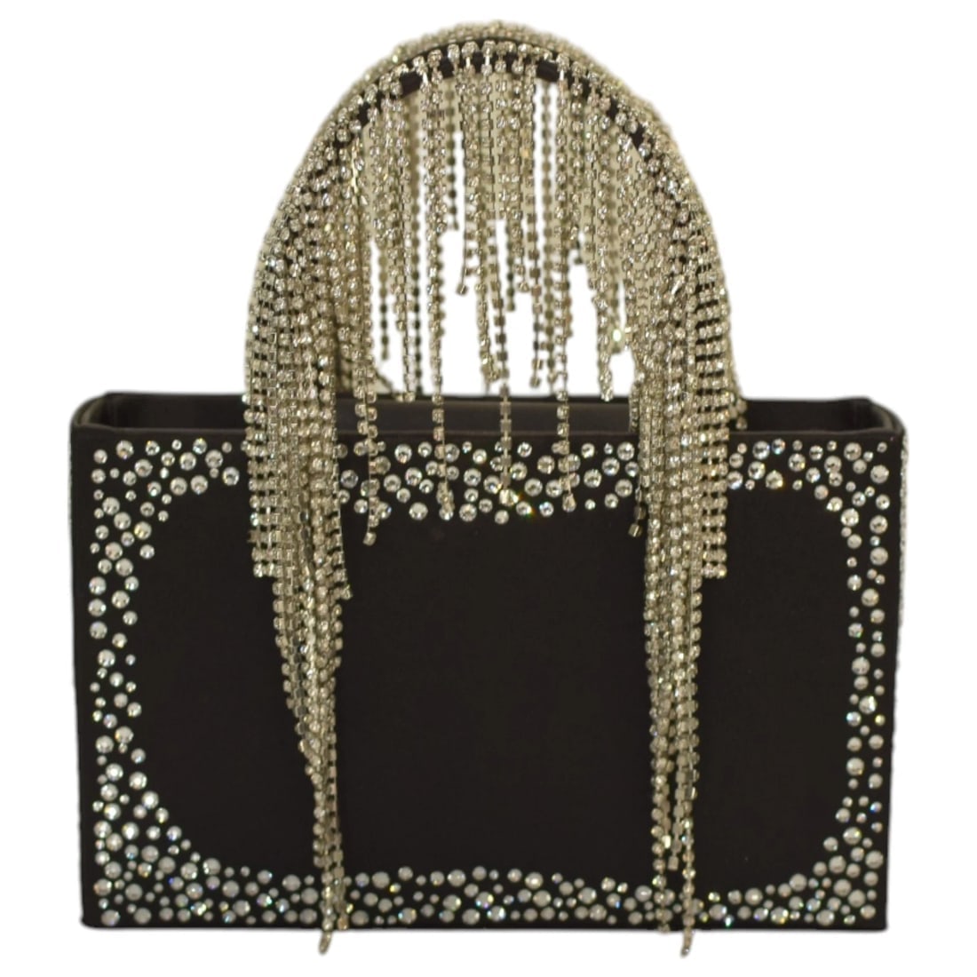 Kara Constellation Fringe Black Satin w. Crystals Small Tote Chain Bag Handbag - 3