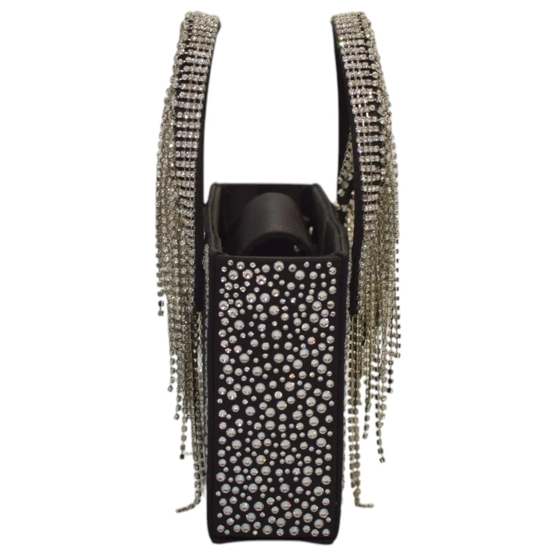 Kara Constellation Fringe Black Satin w. Crystals Small Tote Chain Bag Handbag - 4