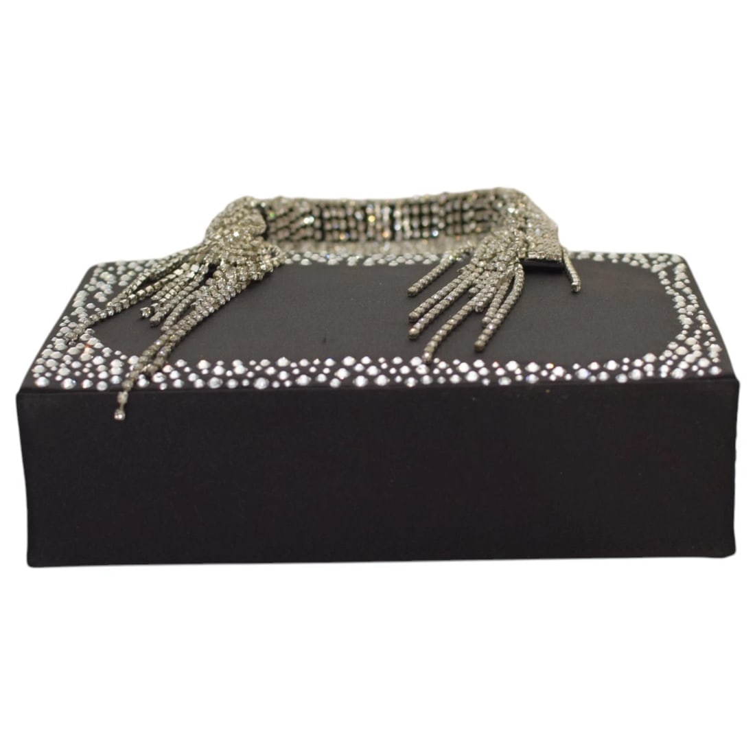 Kara Constellation Fringe Black Satin w. Crystals Small Tote Chain Bag Handbag - 7