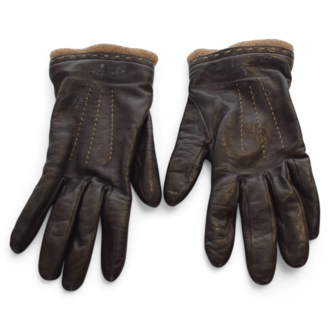 Brown Soft Lamb leather and Cashmere Knit Lining Gloves Size S - 2