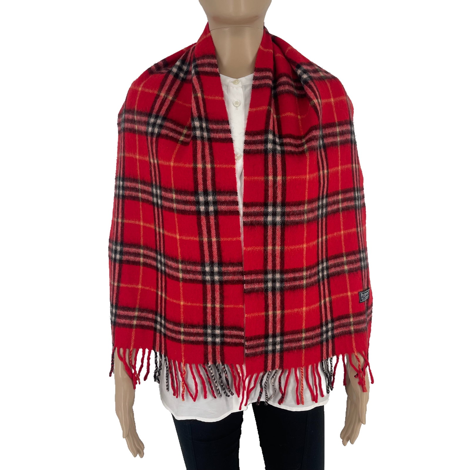 Burberrys Red Plaid 100% Wool Scarf: Title:Burberrys Red Plaid 100% Wool Scarf Brand:Burberry Date/Period:Vintage Materials:100% Wool Size:One Size Description:Burberrys Red Plaid 100% Wool Scarf Reserve: $70.00 Shipping: Domestic: