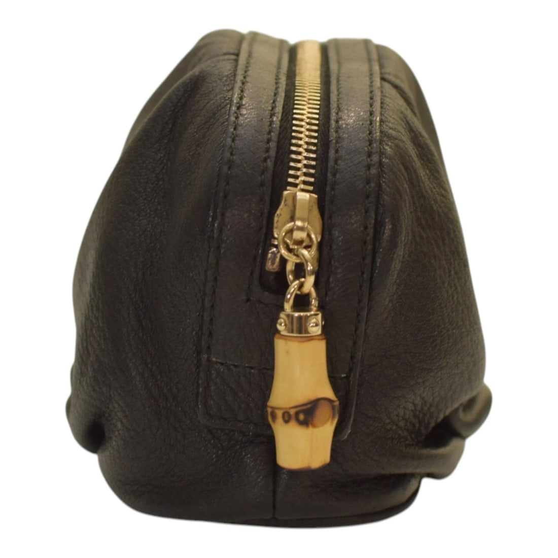 GUCCI Vintage Black Leather Bamboo Zip Clutch Bag in black soft leather - 3