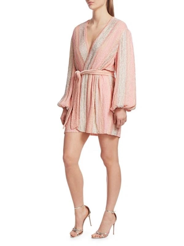 Retrofete Gabrielle Robe Dress Fully Sequined Long Sleeve Mini Wrap size XS - 15