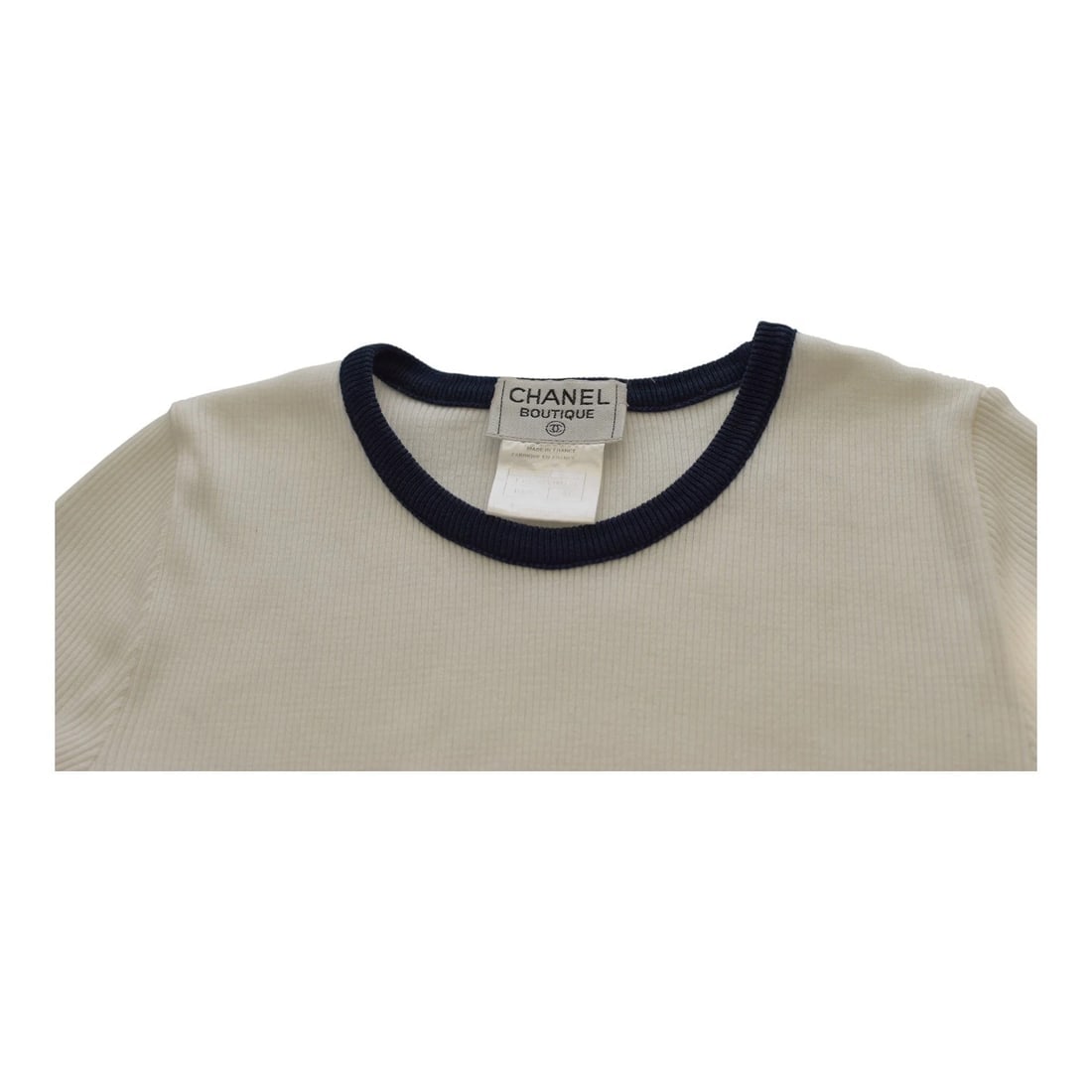 Chanel Vintage White slim cut short sleeve T-shirt sz 40 dark blue trim collar - 5