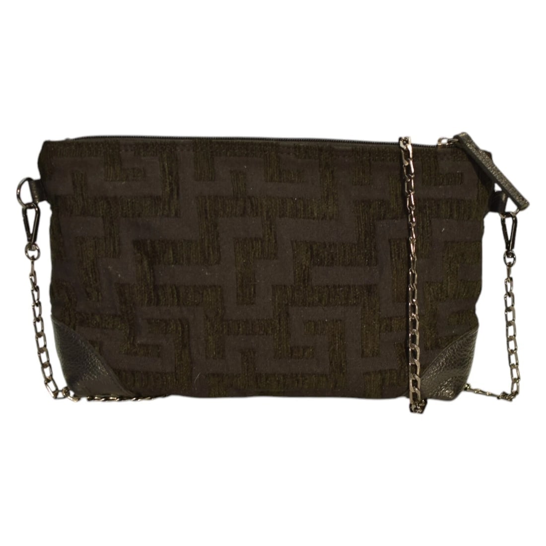 El. Black Jacquard Fabric Meander Long Chain Crossbody Bag Handbag - 2