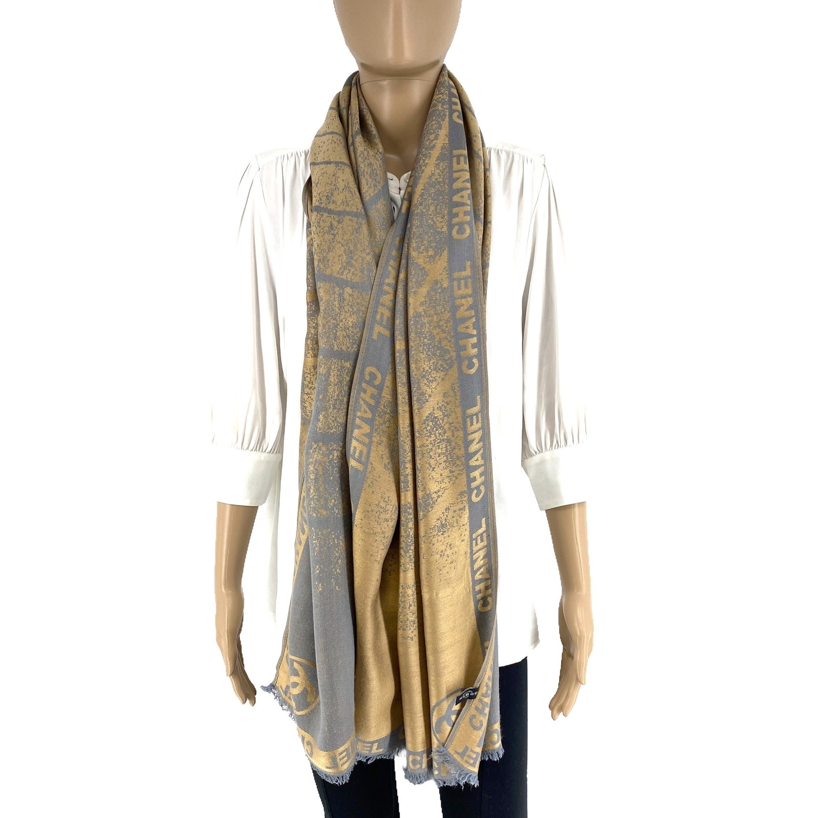 Chanel 100% Soft Thin Wool Gold & Grey Large Shawl - 3