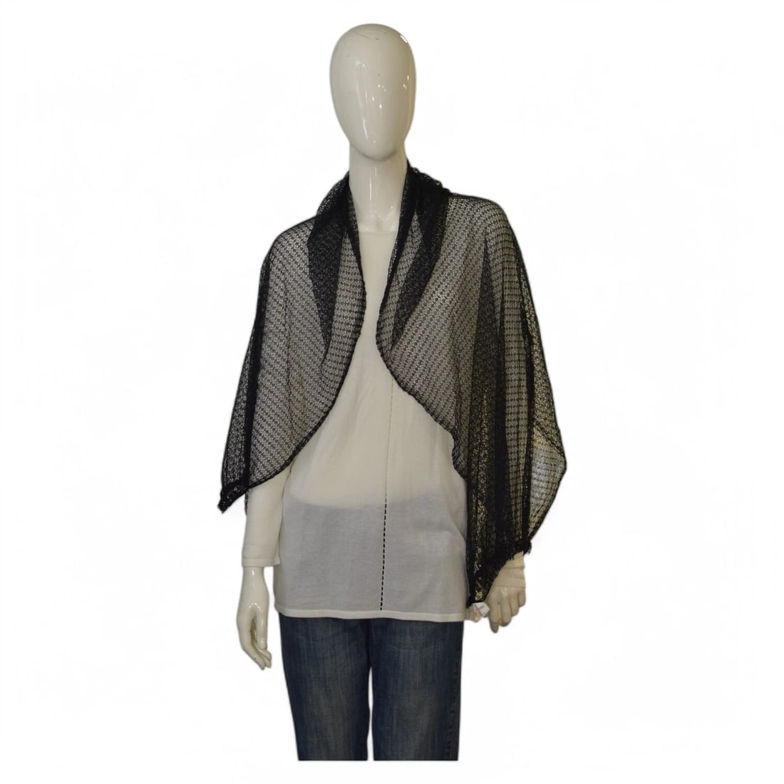 Rosamunda Black Cotton Knit with Beads Long Scarf Foulard Wrap - 5