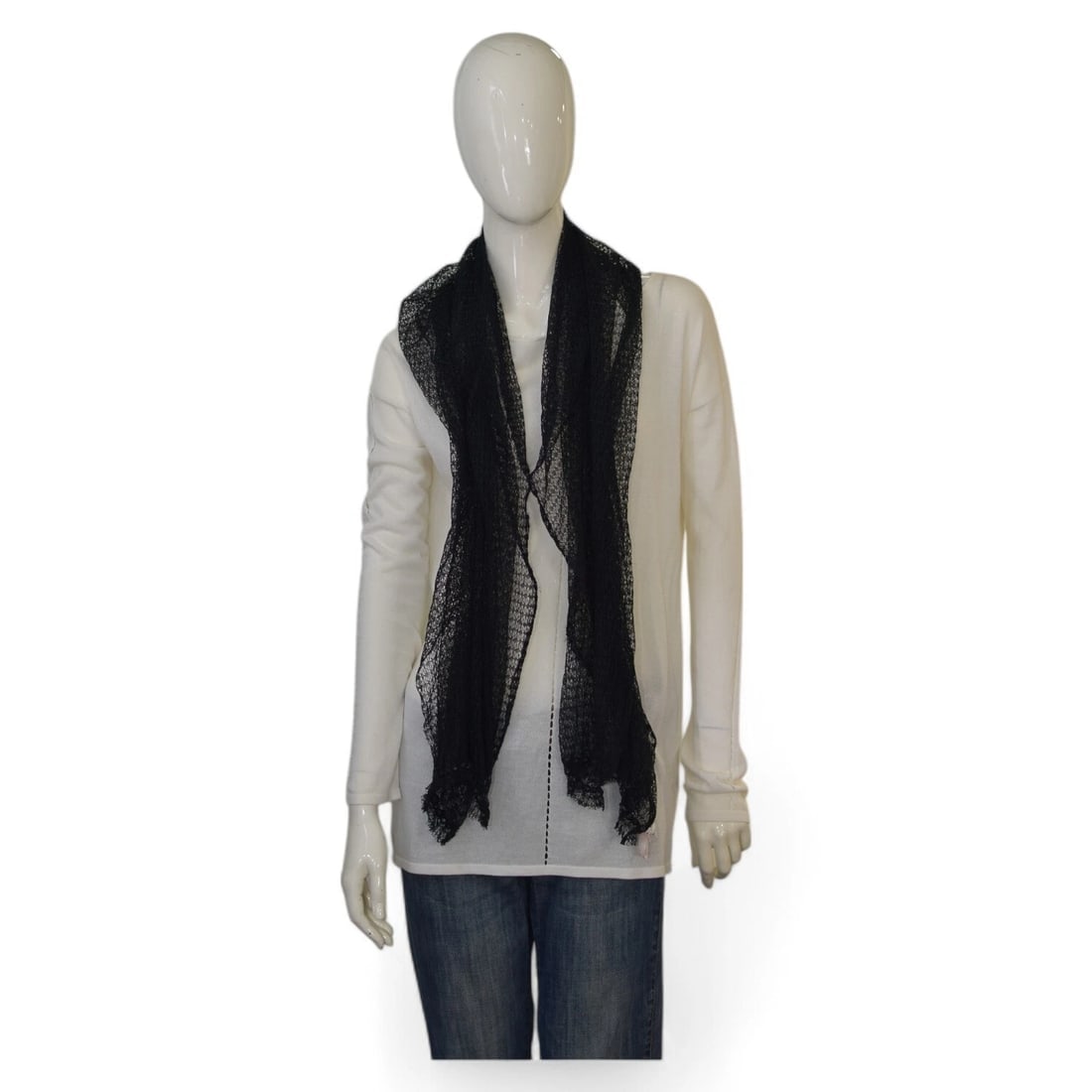 Rosamunda Black Cotton Knit with Beads Long Scarf Foulard Wrap - 6