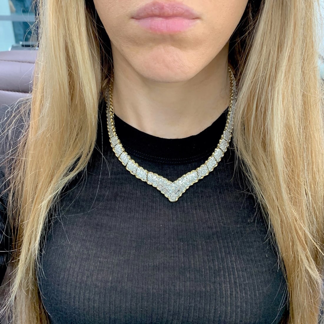 Pave Diamond Two-Tone Chevron Necklace 14K Yellow White Gold 4.10 CTW 37.71 Gram - 3