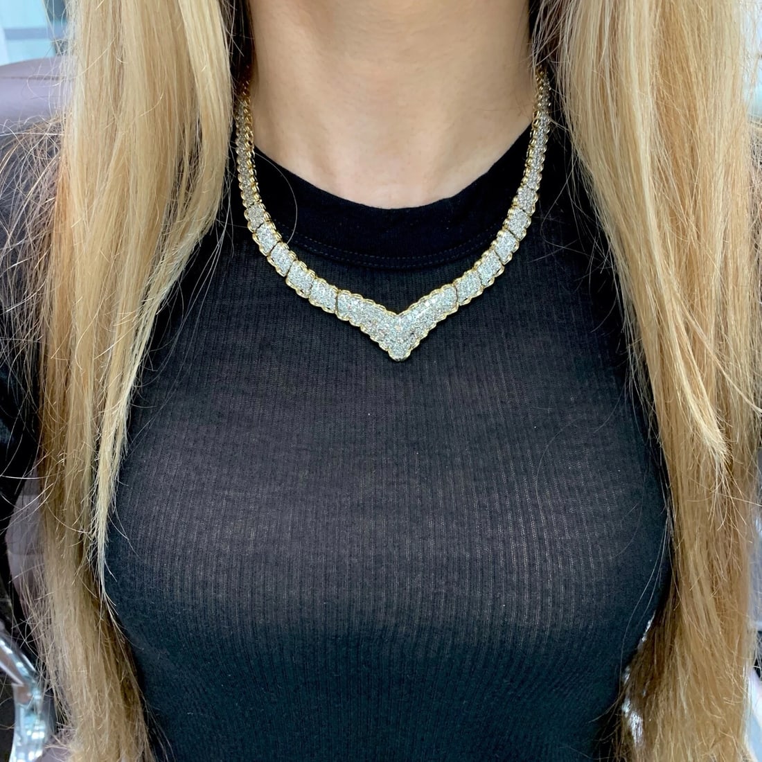 Pave Diamond Two-Tone Chevron Necklace 14K Yellow White Gold 4.10 CTW 37.71 Gram - 4