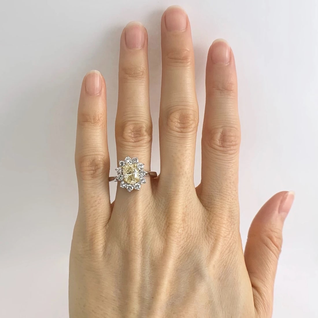 Fancy Light Yellow Oval Diamond Halo Statement Ring 18K White Gold, 2.28 CTW - 2