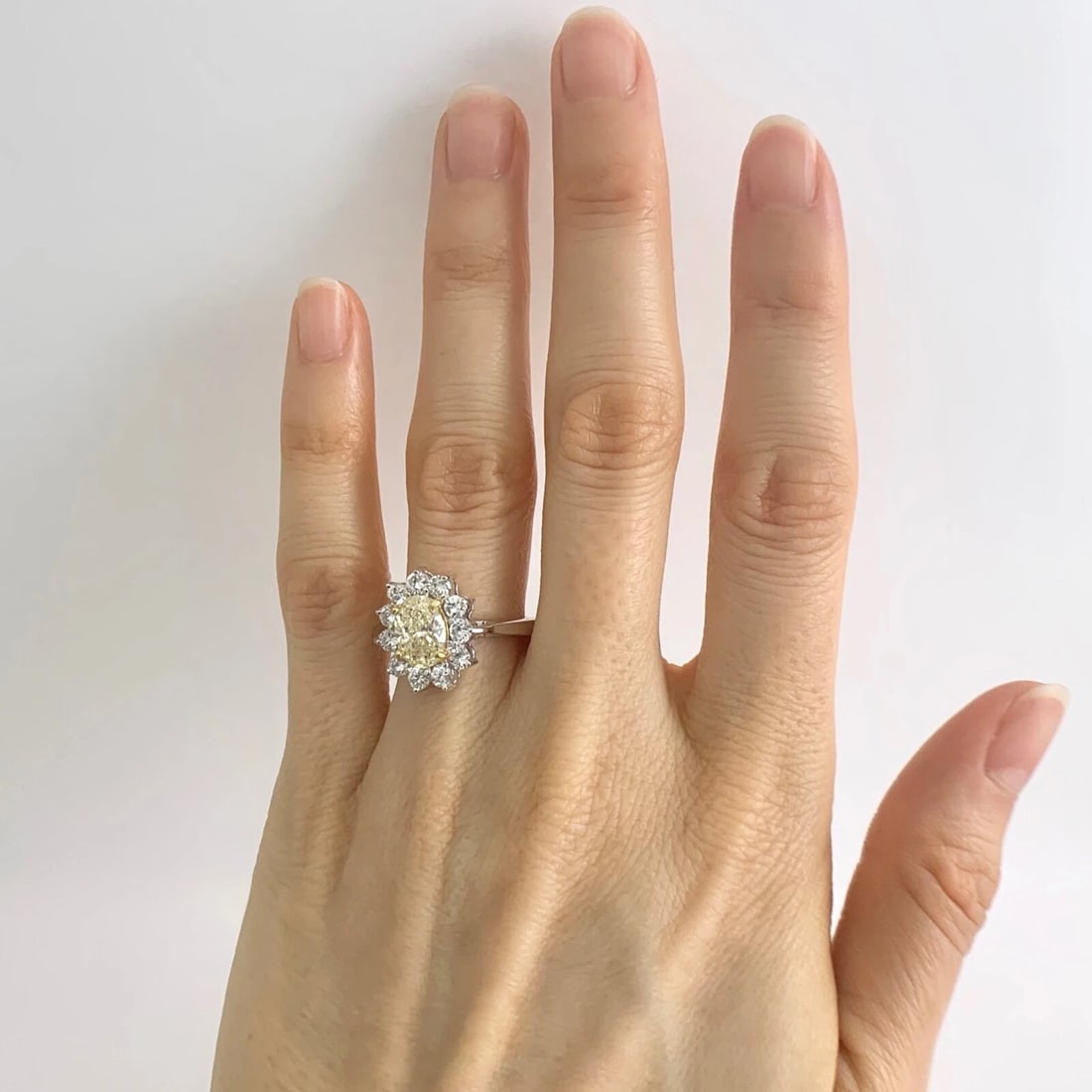 Fancy Light Yellow Oval Diamond Halo Statement Ring 18K White Gold, 2.28 CTW - 3