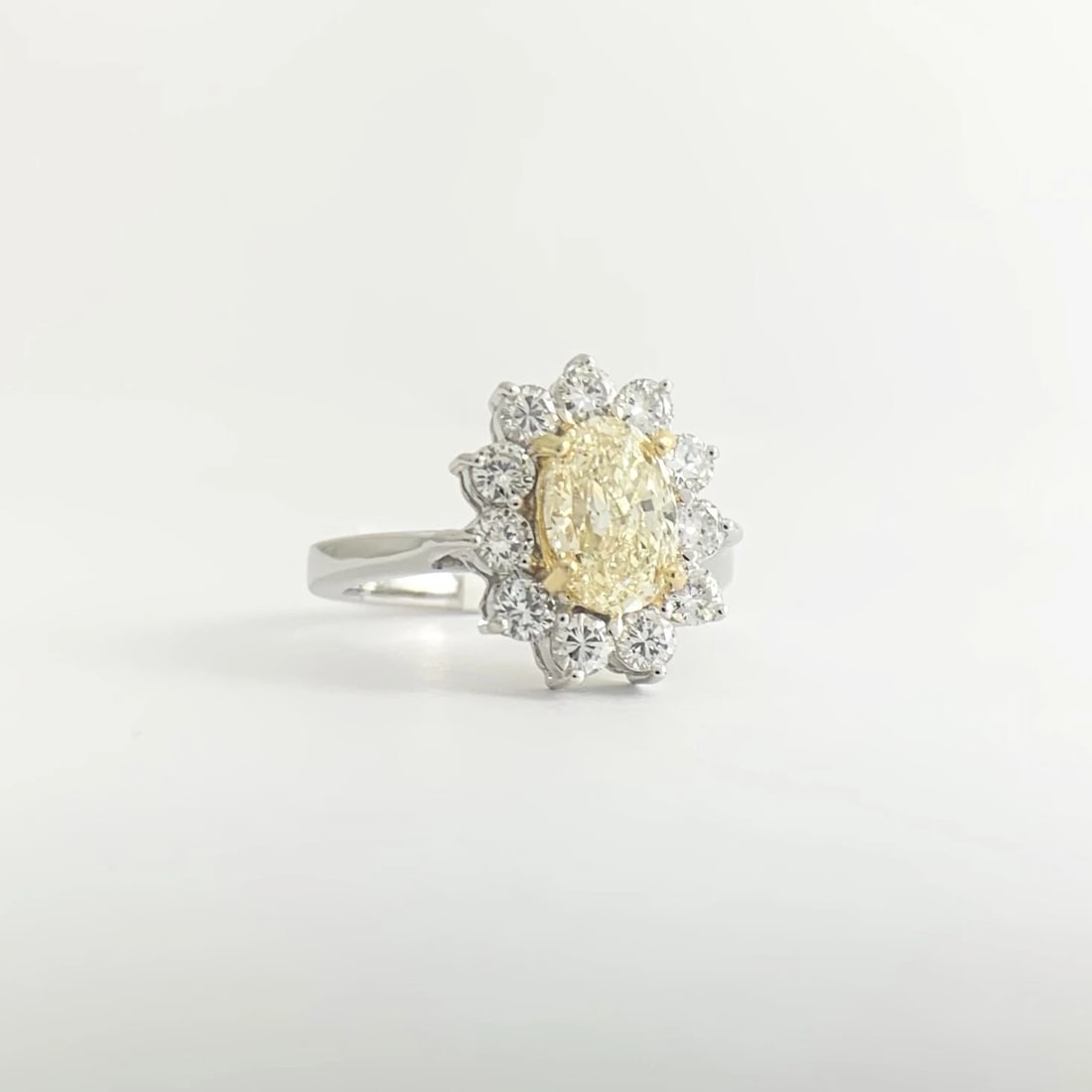 Fancy Light Yellow Oval Diamond Halo Statement Ring 18K White Gold, 2.28 CTW - 7