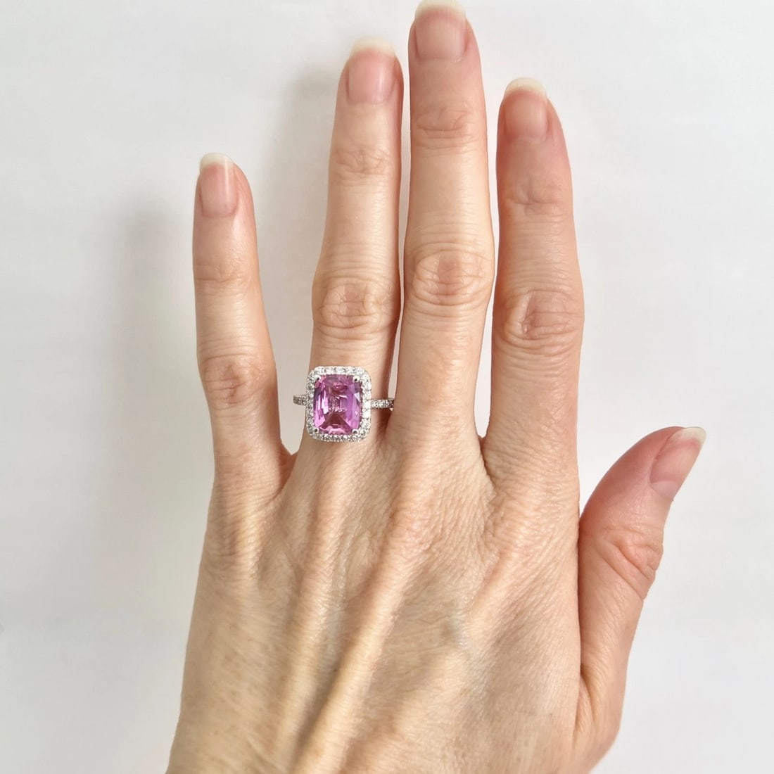 Cushion Pink Sapphire Gemstone Diamond Halo Ring 14K White Gold 4.77 CTW - 2