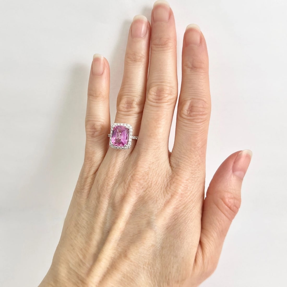 Cushion Pink Sapphire Gemstone Diamond Halo Ring 14K White Gold 4.77 CTW - 3