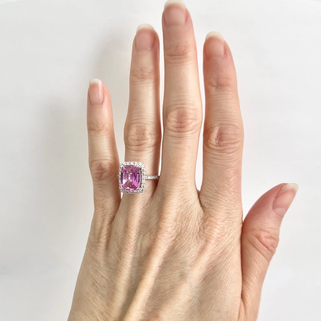 Cushion Pink Sapphire Gemstone Diamond Halo Ring 14K White Gold 4.77 CTW - 4