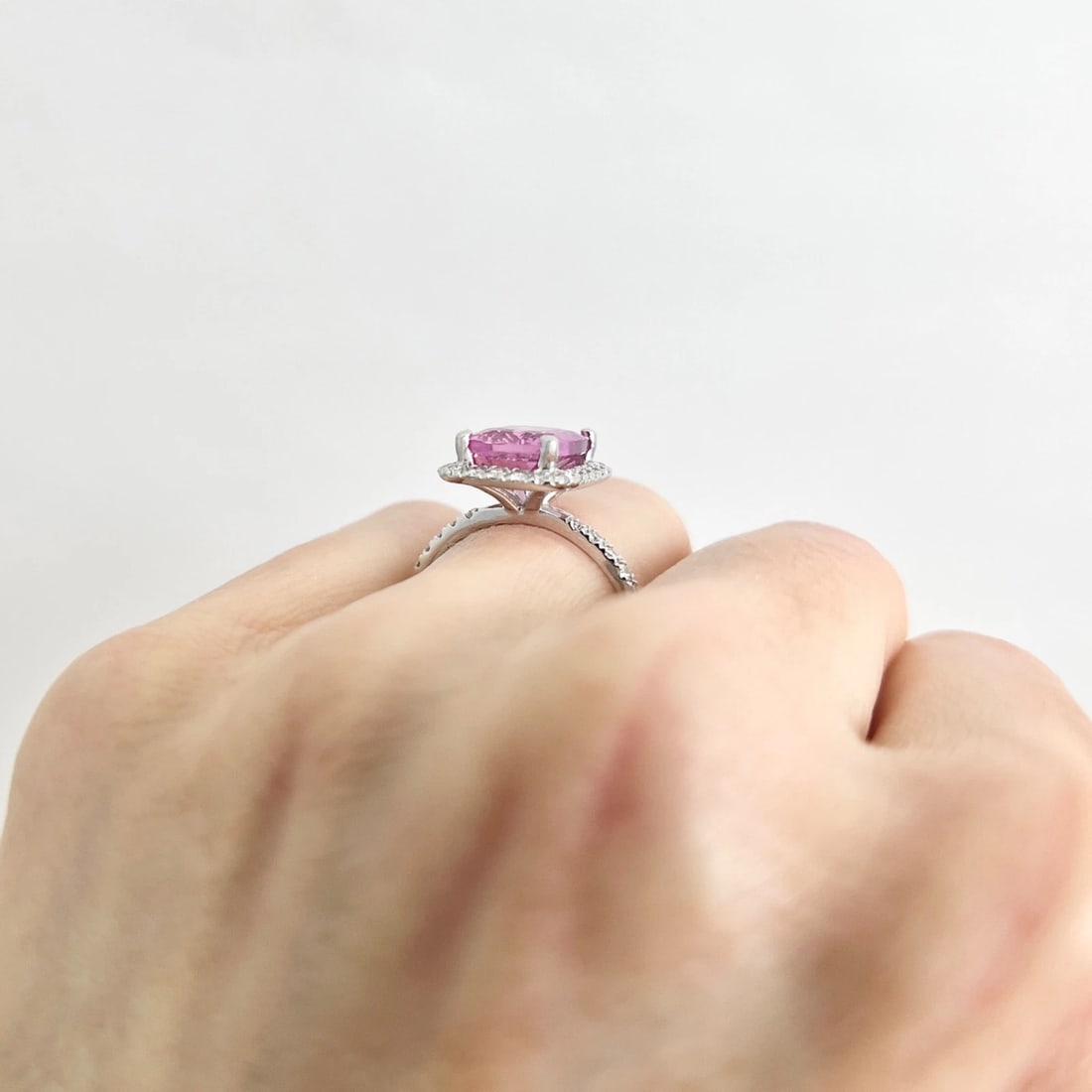 Cushion Pink Sapphire Gemstone Diamond Halo Ring 14K White Gold 4.77 CTW - 5