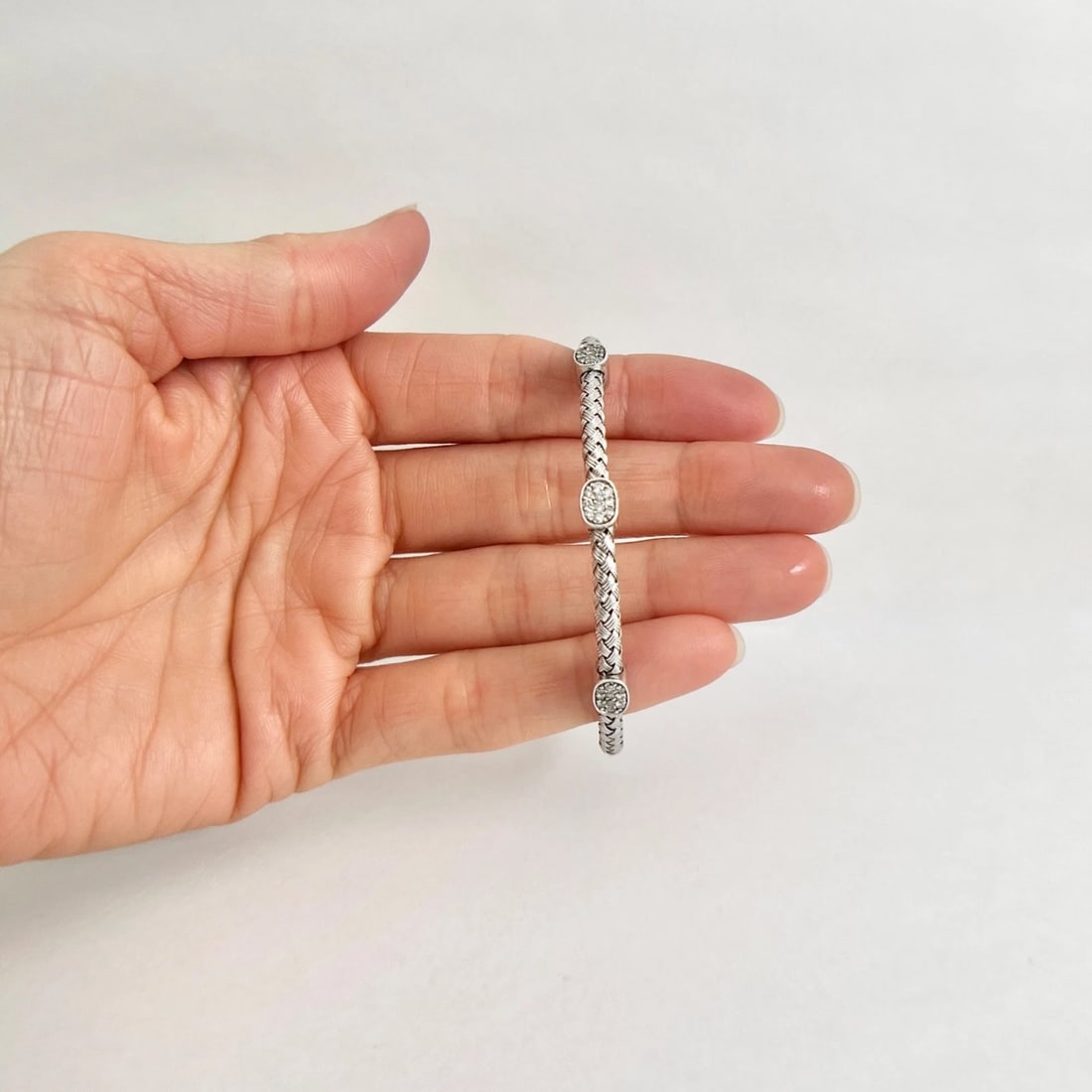 Diamond Cluster Braided Woven Flex Bangle Bracelet Sterling Silver 6.99 Grams - 2