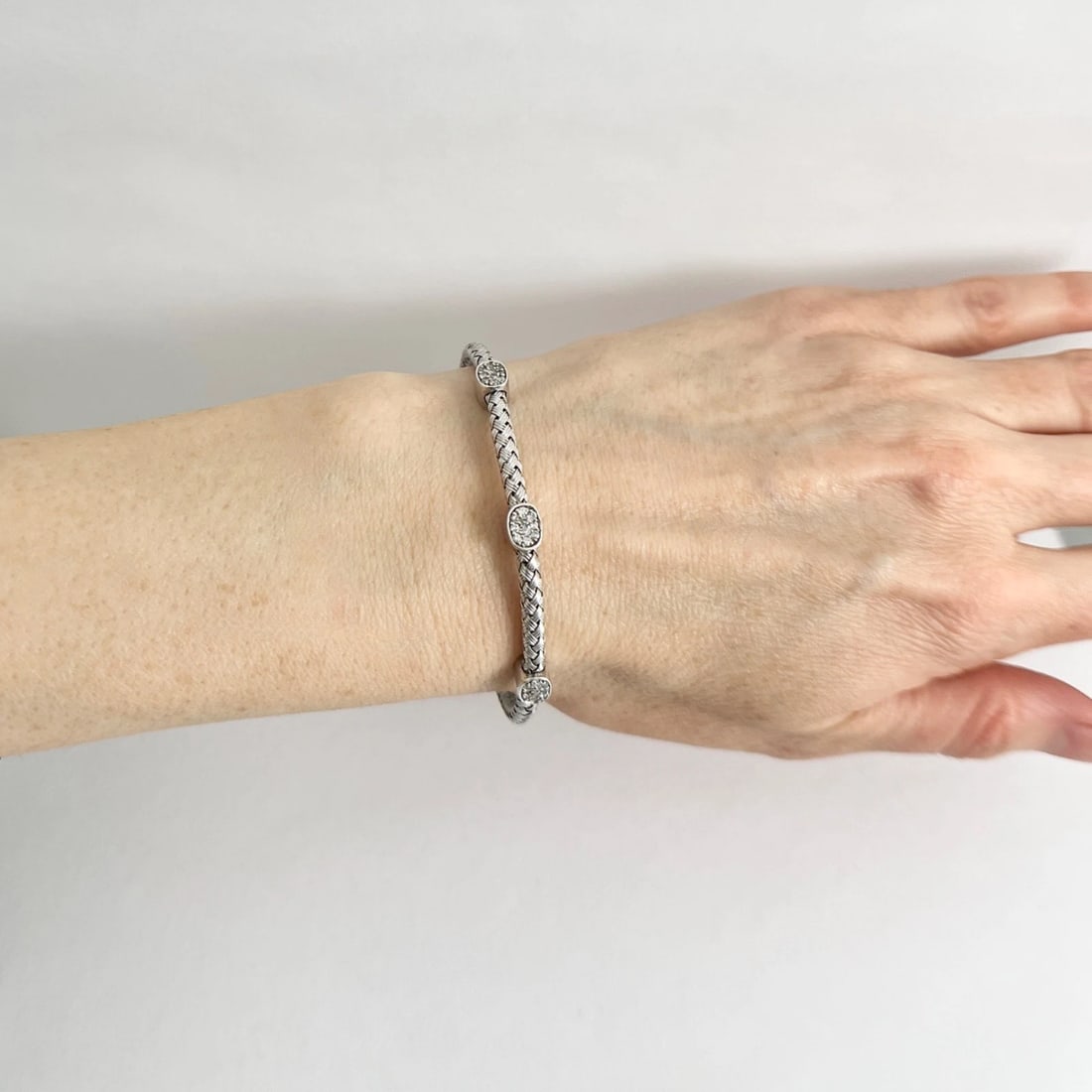 Diamond Cluster Braided Woven Flex Bangle Bracelet Sterling Silver 6.99 Grams - 3