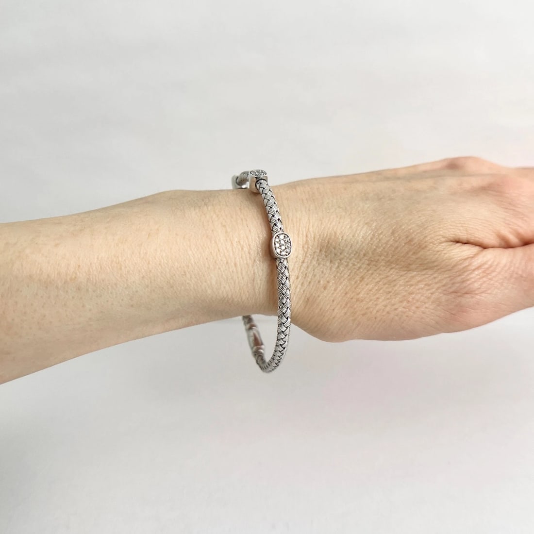 Diamond Cluster Braided Woven Flex Bangle Bracelet Sterling Silver 6.99 Grams - 4