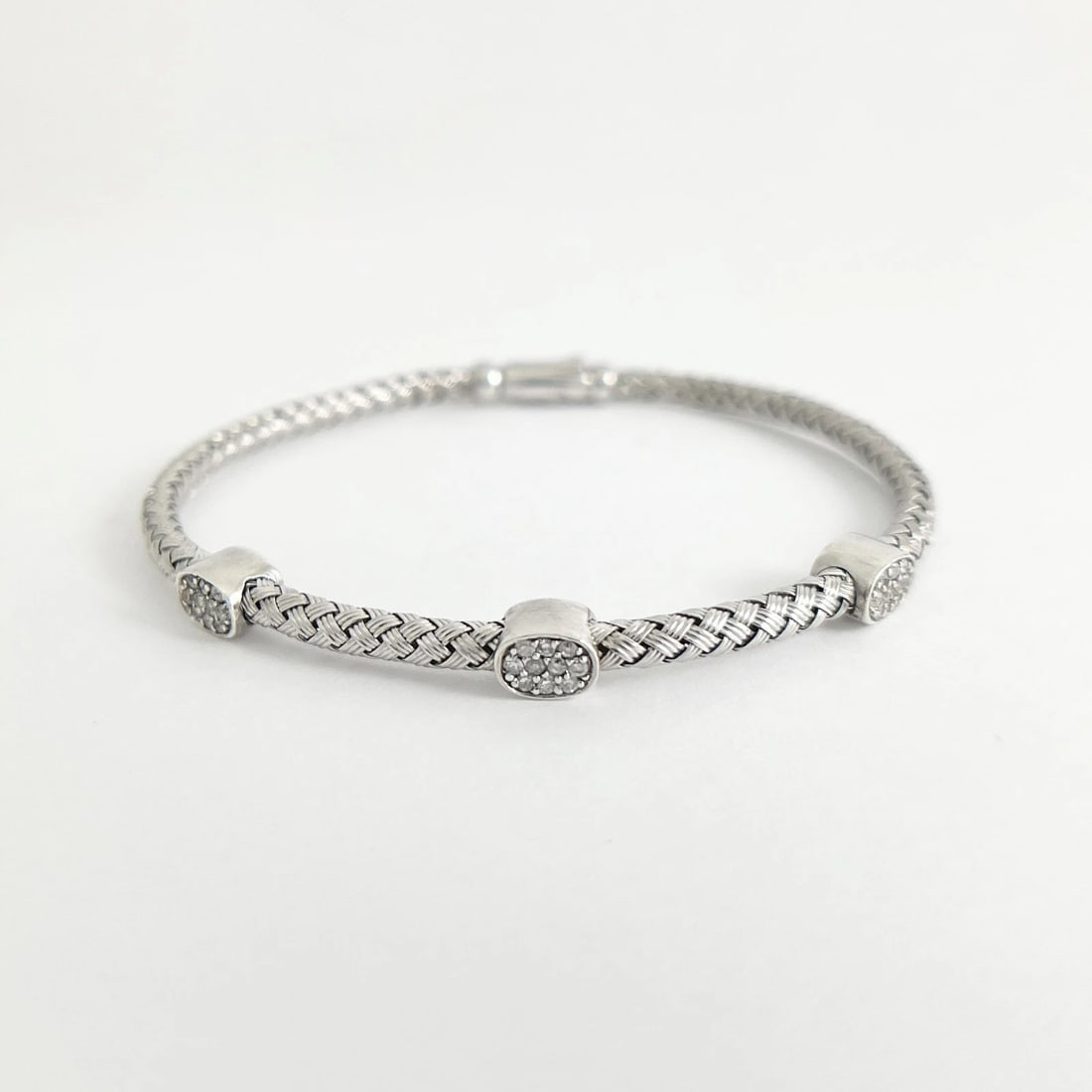 Diamond Cluster Braided Woven Flex Bangle Bracelet Sterling Silver 6.99 Grams - 6
