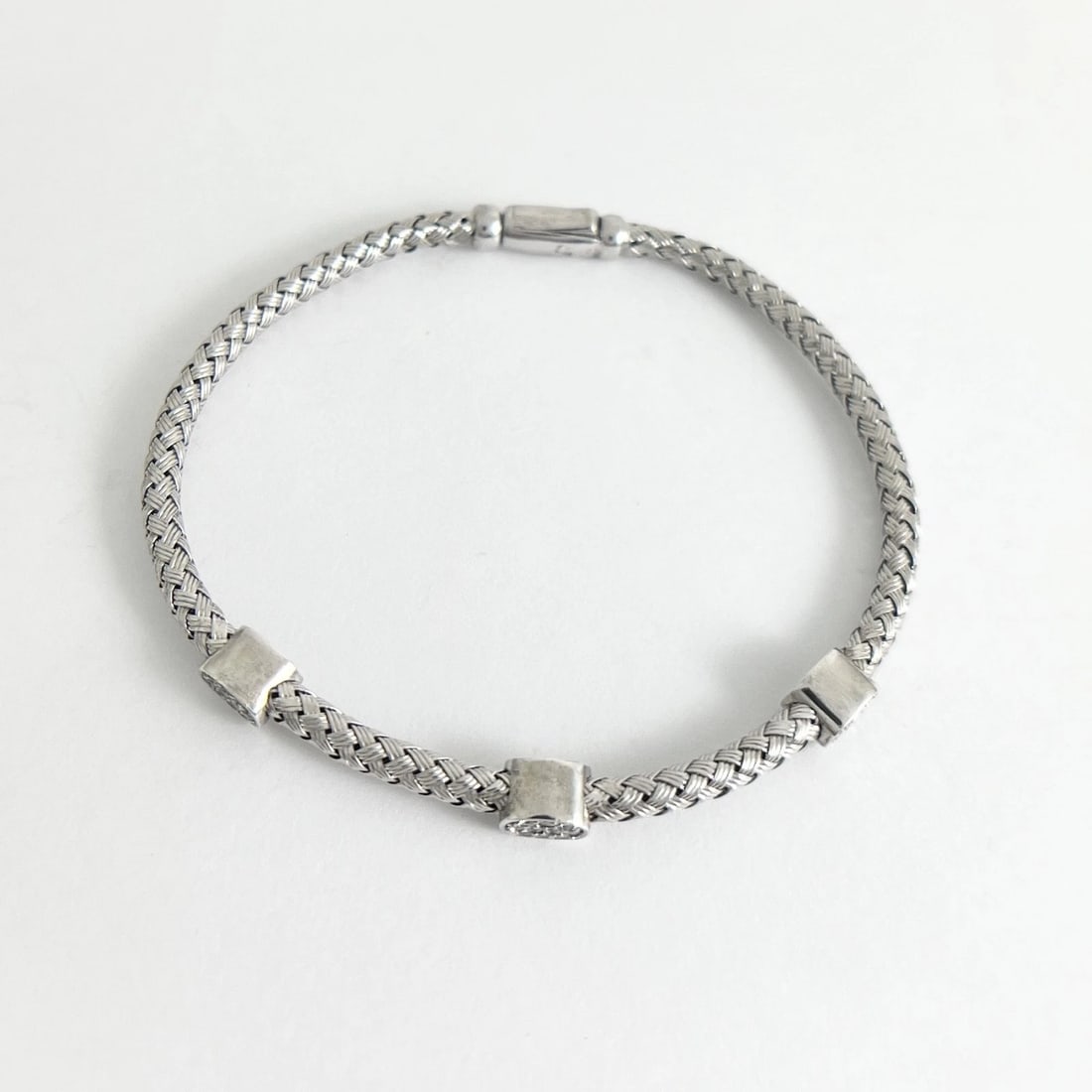 Diamond Cluster Braided Woven Flex Bangle Bracelet Sterling Silver 6.99 Grams - 7