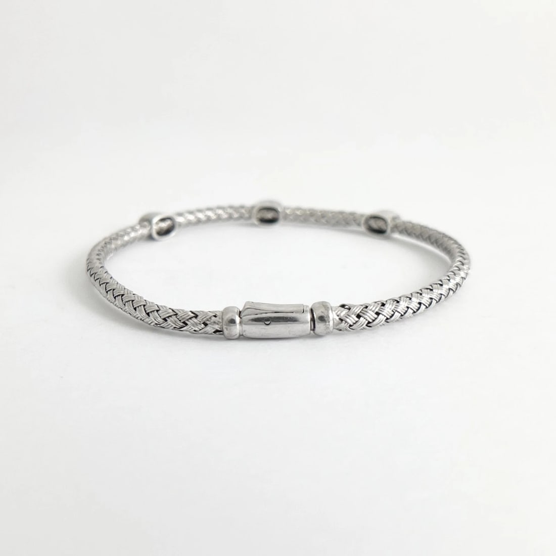 Diamond Cluster Braided Woven Flex Bangle Bracelet Sterling Silver 6.99 Grams - 8