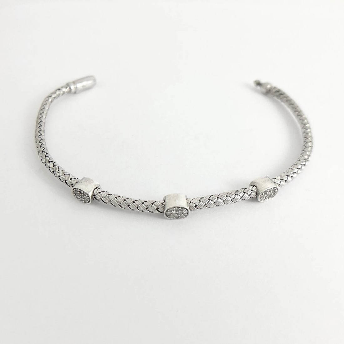 Diamond Cluster Braided Woven Flex Bangle Bracelet Sterling Silver 6.99 Grams - 9